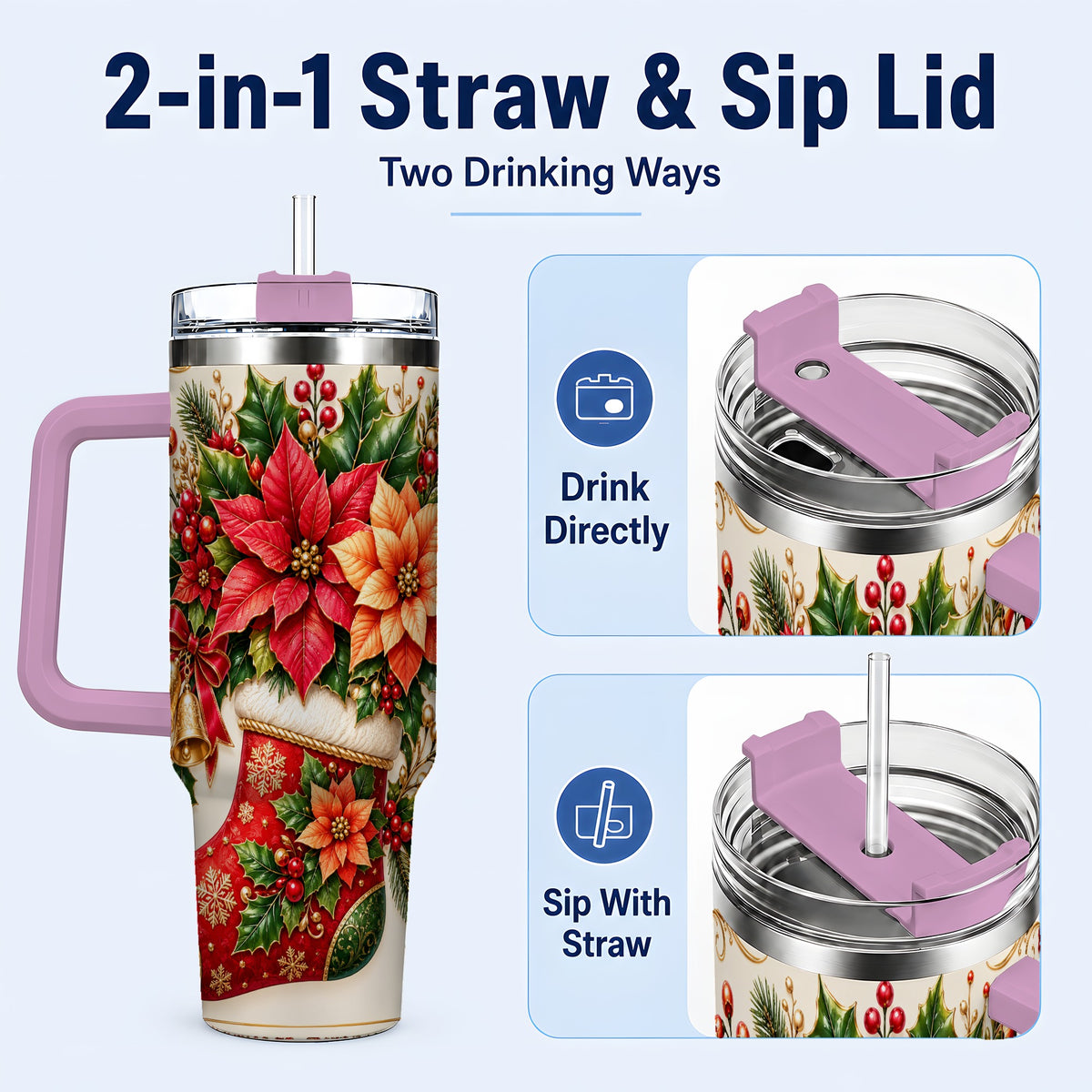 #pl[40oz|Pink] Christmas Stocking 40oz Tumbler with Handle, Golden Bells Floral Art