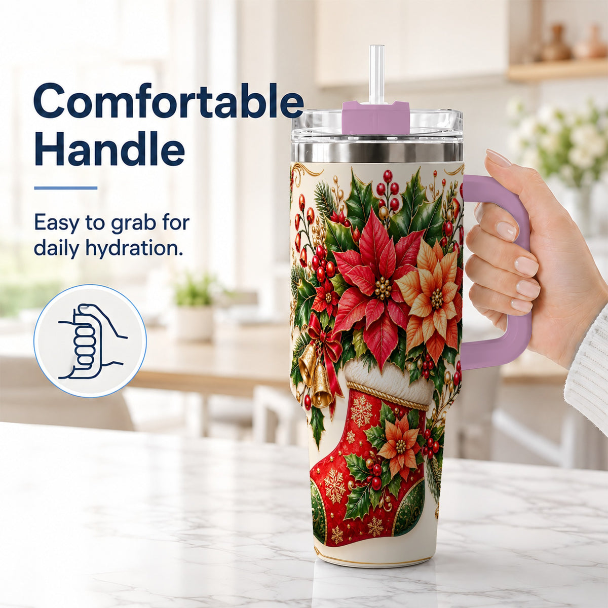 #pl[40oz|Pink] Christmas Stocking 40oz Tumbler with Handle, Golden Bells Floral Art