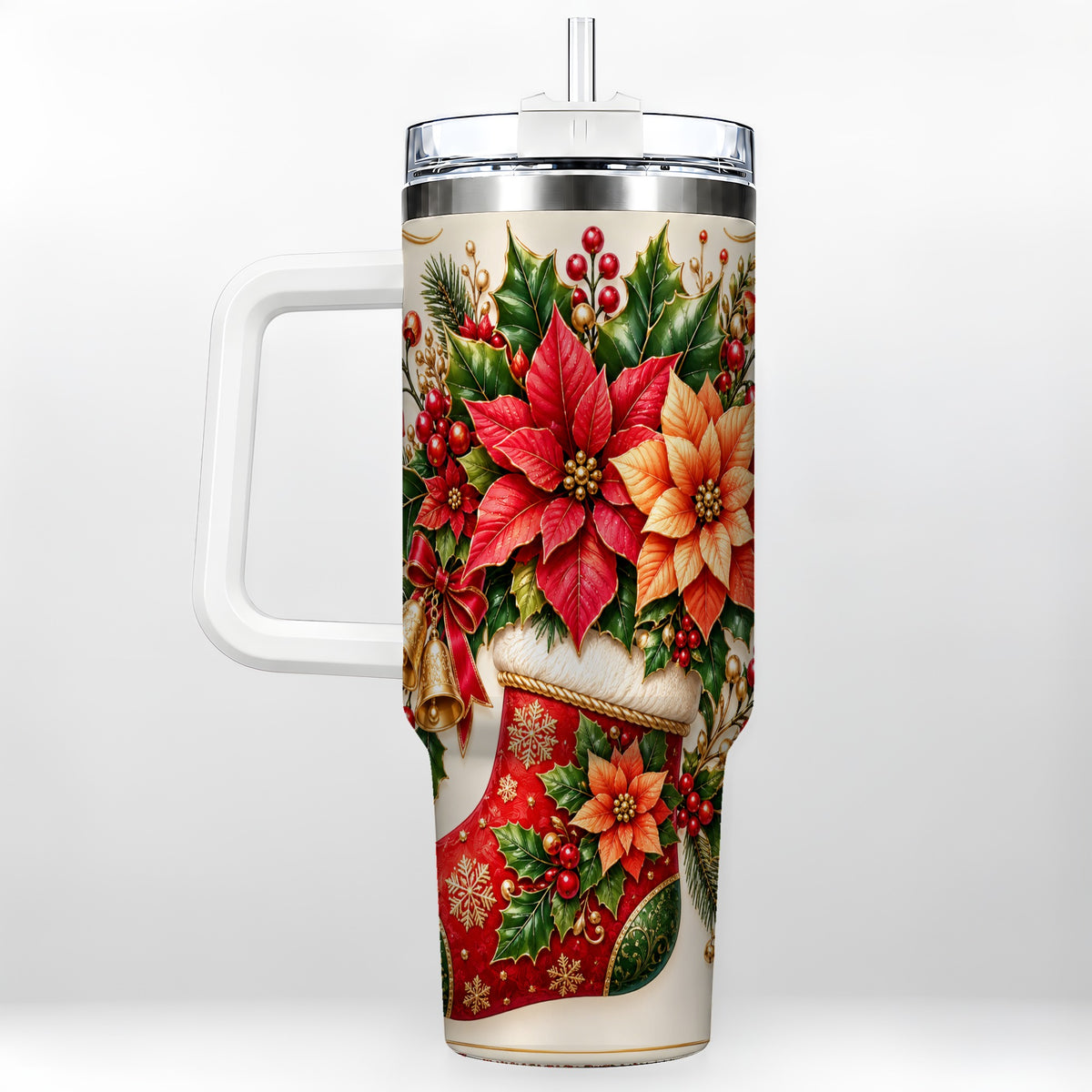 Christmas Stocking 40oz Tumbler with Handle, Golden Bells Floral Art