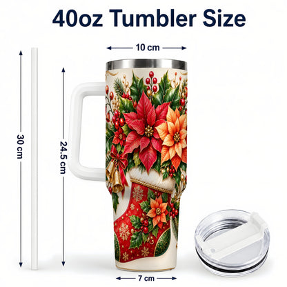#pl[40oz|White] Christmas Stocking 40oz Tumbler with Handle, Golden Bells Floral Art