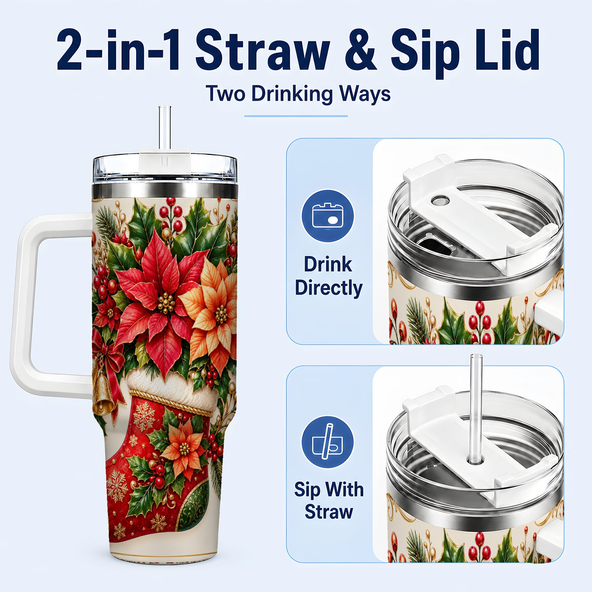 #pl[40oz|White] Christmas Stocking 40oz Tumbler with Handle, Golden Bells Floral Art