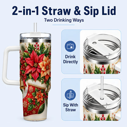 #pl[40oz|White] Christmas Stocking 40oz Tumbler with Handle, Golden Bells Floral Art