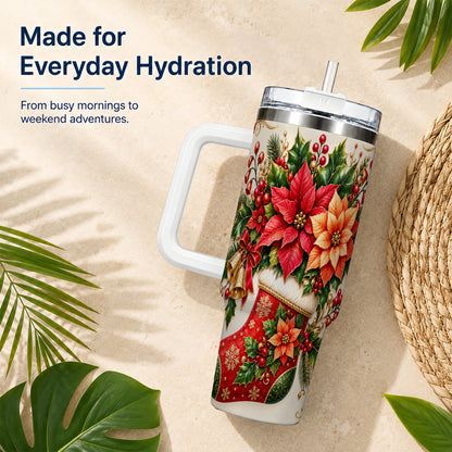 Christmas Stocking 40oz Tumbler with Handle, Golden Bells Floral Art