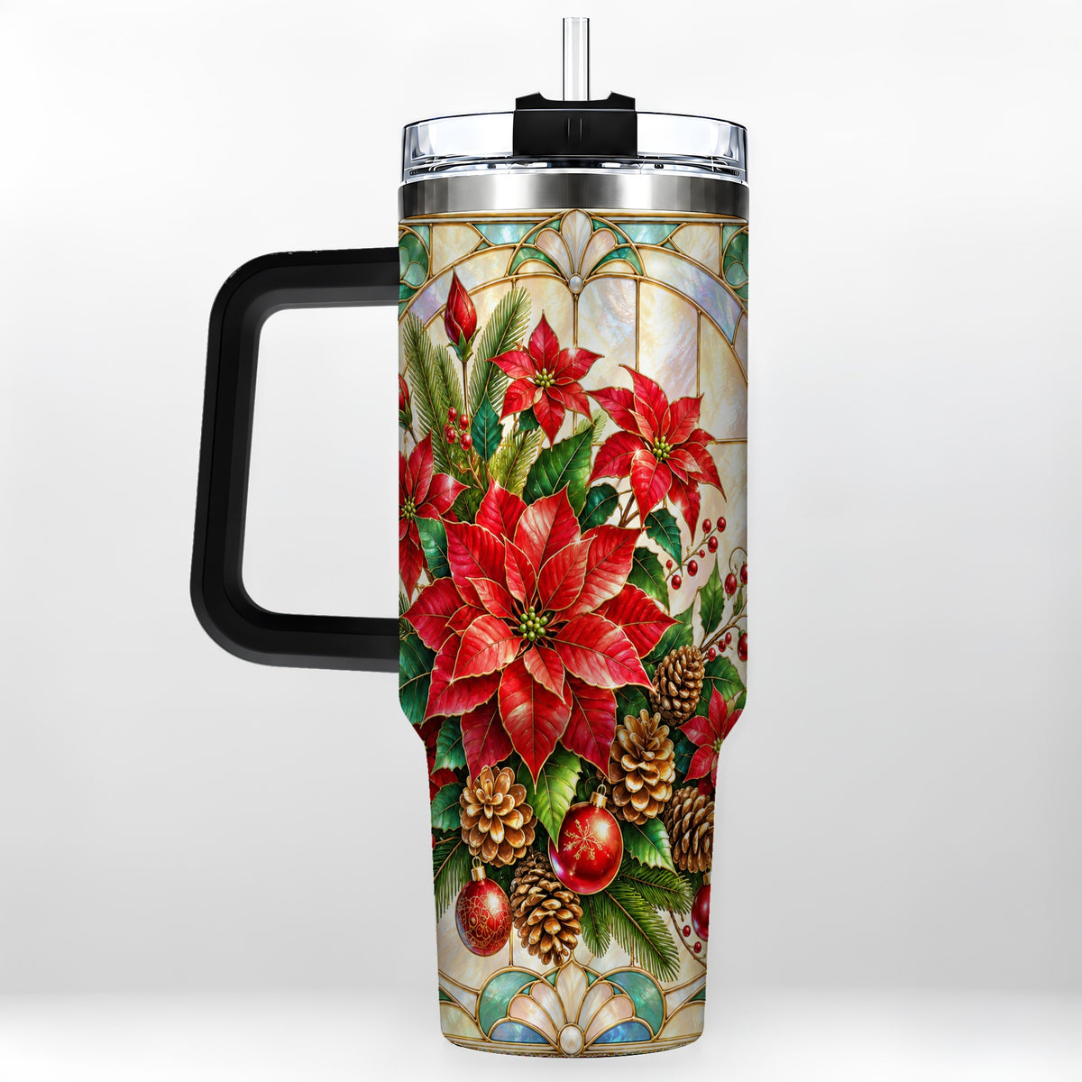 #pl[40oz|Black] Christmas Poinsettia 40oz Tumbler with Handle, Stained Glass Style Art