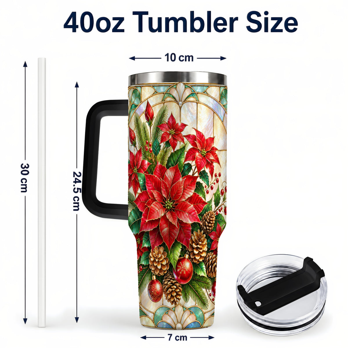 #pl[40oz|Black] Christmas Poinsettia 40oz Tumbler with Handle, Stained Glass Style Art