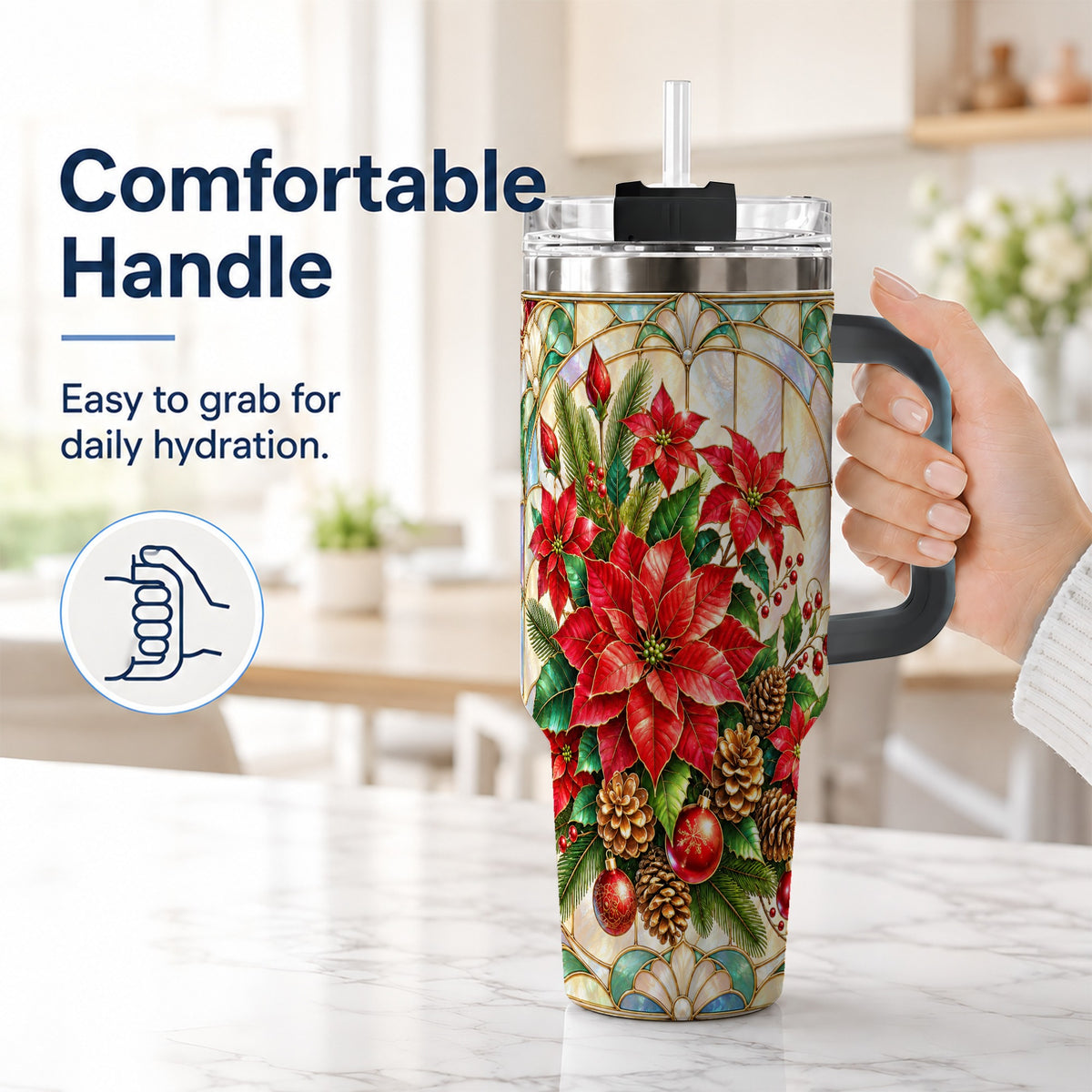 #pl[40oz|Black] Christmas Poinsettia 40oz Tumbler with Handle, Stained Glass Style Art