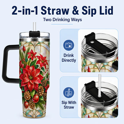 #pl[40oz|Black] Christmas Poinsettia 40oz Tumbler with Handle, Stained Glass Style Art