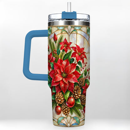 #pl[40oz|Blue] Christmas Poinsettia 40oz Tumbler with Handle, Stained Glass Style Art