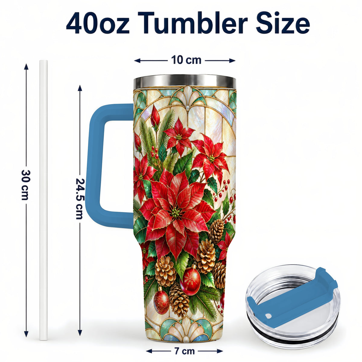 #pl[40oz|Blue] Christmas Poinsettia 40oz Tumbler with Handle, Stained Glass Style Art