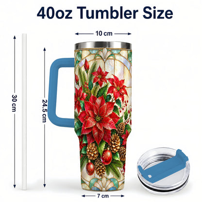 #pl[40oz|Blue] Christmas Poinsettia 40oz Tumbler with Handle, Stained Glass Style Art