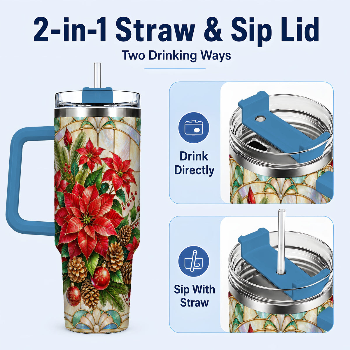 #pl[40oz|Blue] Christmas Poinsettia 40oz Tumbler with Handle, Stained Glass Style Art