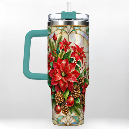#pl[40oz|Green] Christmas Poinsettia 40oz Tumbler with Handle, Stained Glass Style Art