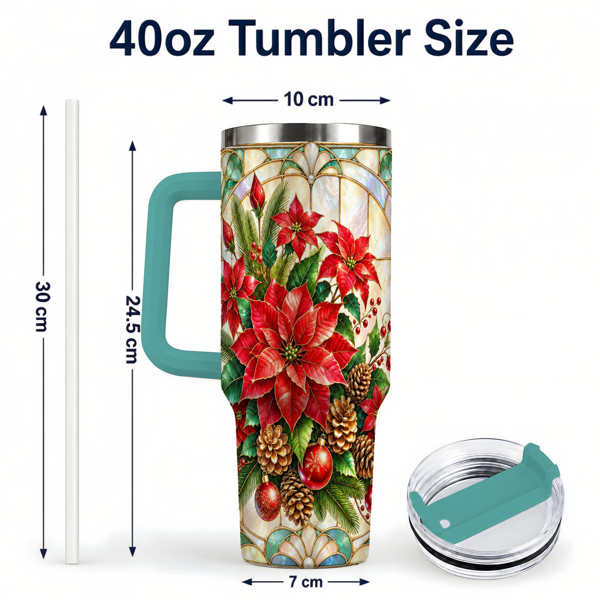 #pl[40oz|Green] Christmas Poinsettia 40oz Tumbler with Handle, Stained Glass Style Art