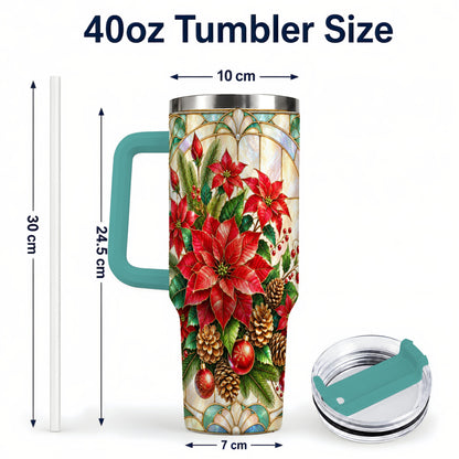 #pl[40oz|Green] Christmas Poinsettia 40oz Tumbler with Handle, Stained Glass Style Art