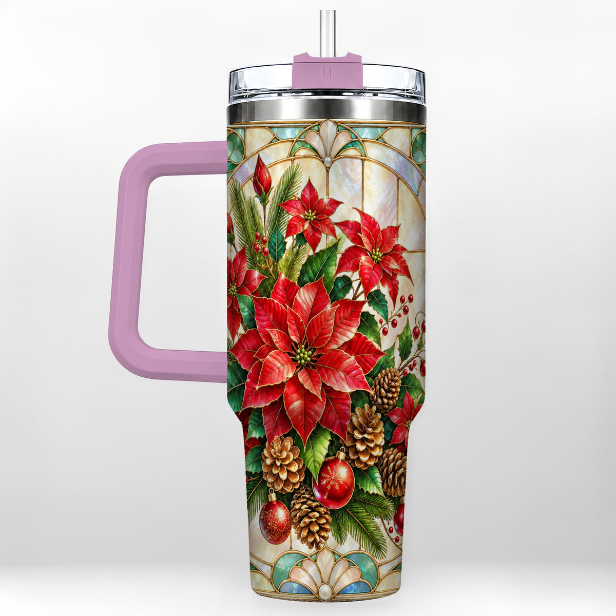 #pl[40oz|Pink] Christmas Poinsettia 40oz Tumbler with Handle, Stained Glass Style Art