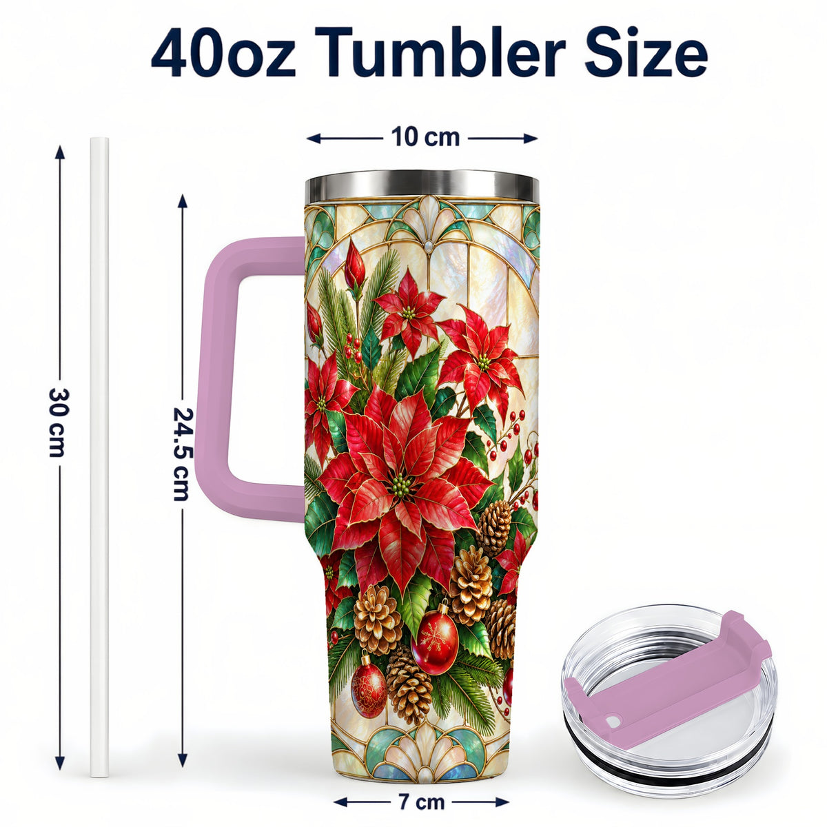 #pl[40oz|Pink] Christmas Poinsettia 40oz Tumbler with Handle, Stained Glass Style Art