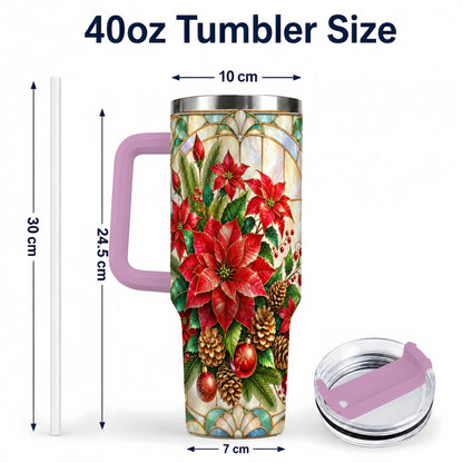 #pl[40oz|Pink] Christmas Poinsettia 40oz Tumbler with Handle, Stained Glass Style Art