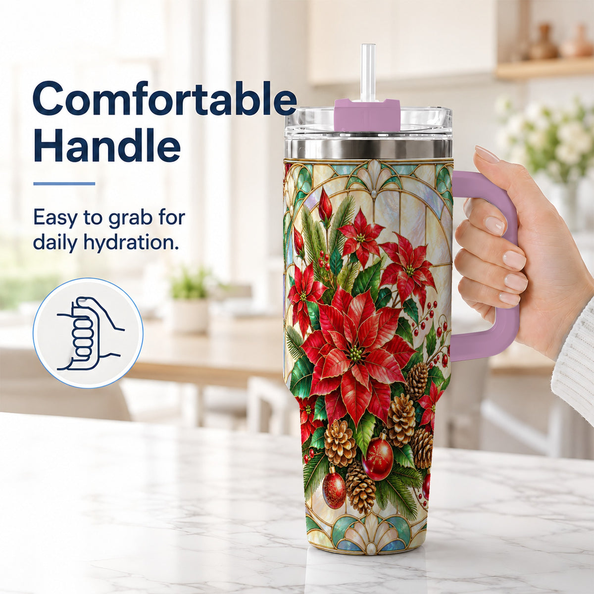 #pl[40oz|Pink] Christmas Poinsettia 40oz Tumbler with Handle, Stained Glass Style Art
