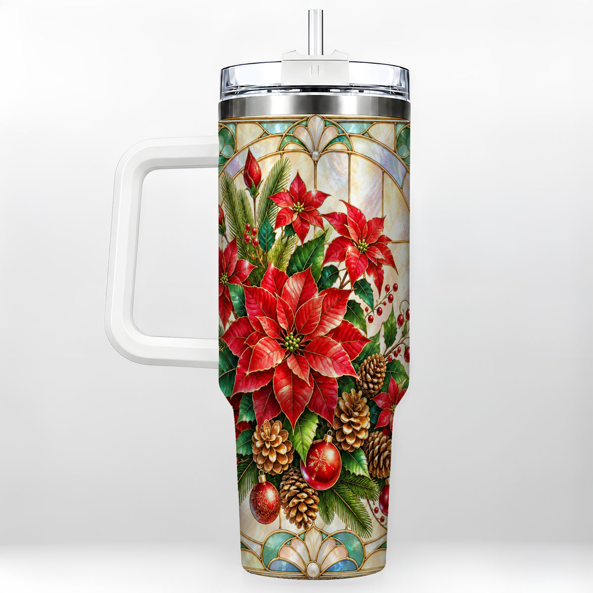 Christmas Poinsettia 40oz Tumbler with Handle, Stained Glass Style Art