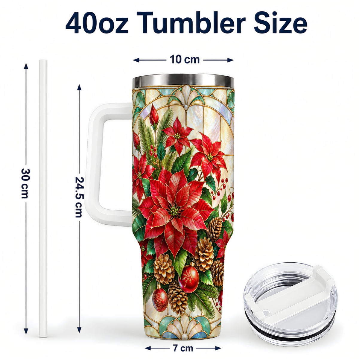 #pl[40oz|White] Christmas Poinsettia 40oz Tumbler with Handle, Stained Glass Style Art