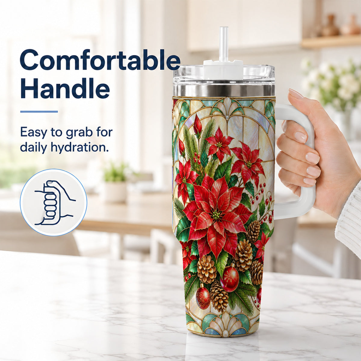 #pl[40oz|White] Christmas Poinsettia 40oz Tumbler with Handle, Stained Glass Style Art