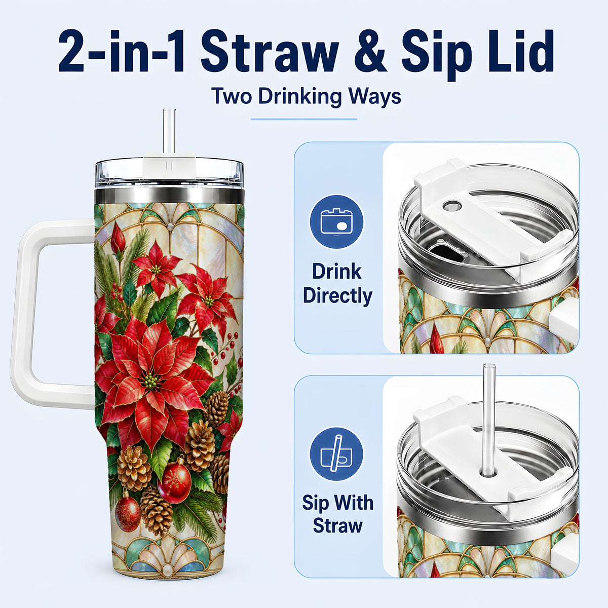 #pl[40oz|White] Christmas Poinsettia 40oz Tumbler with Handle, Stained Glass Style Art