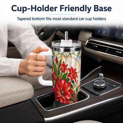 Christmas Poinsettia 40oz Tumbler with Handle, Stained Glass Style Art