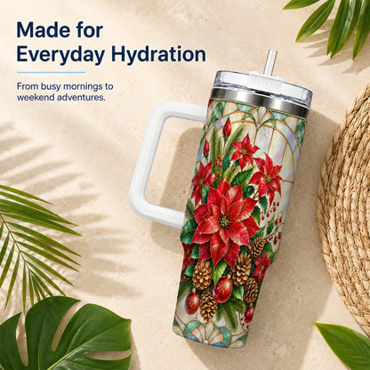 Christmas Poinsettia 40oz Tumbler with Handle, Stained Glass Style Art