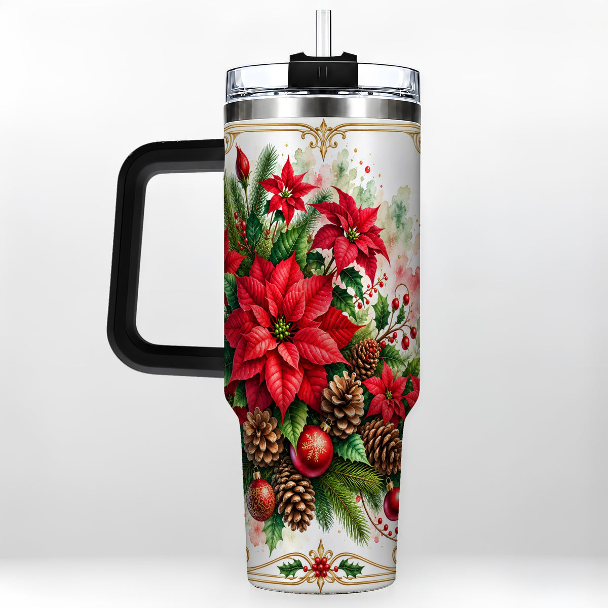 #pl[40oz|Black] Christmas Poinsettia 40oz Tumbler with Handle, Botanical Watercolor