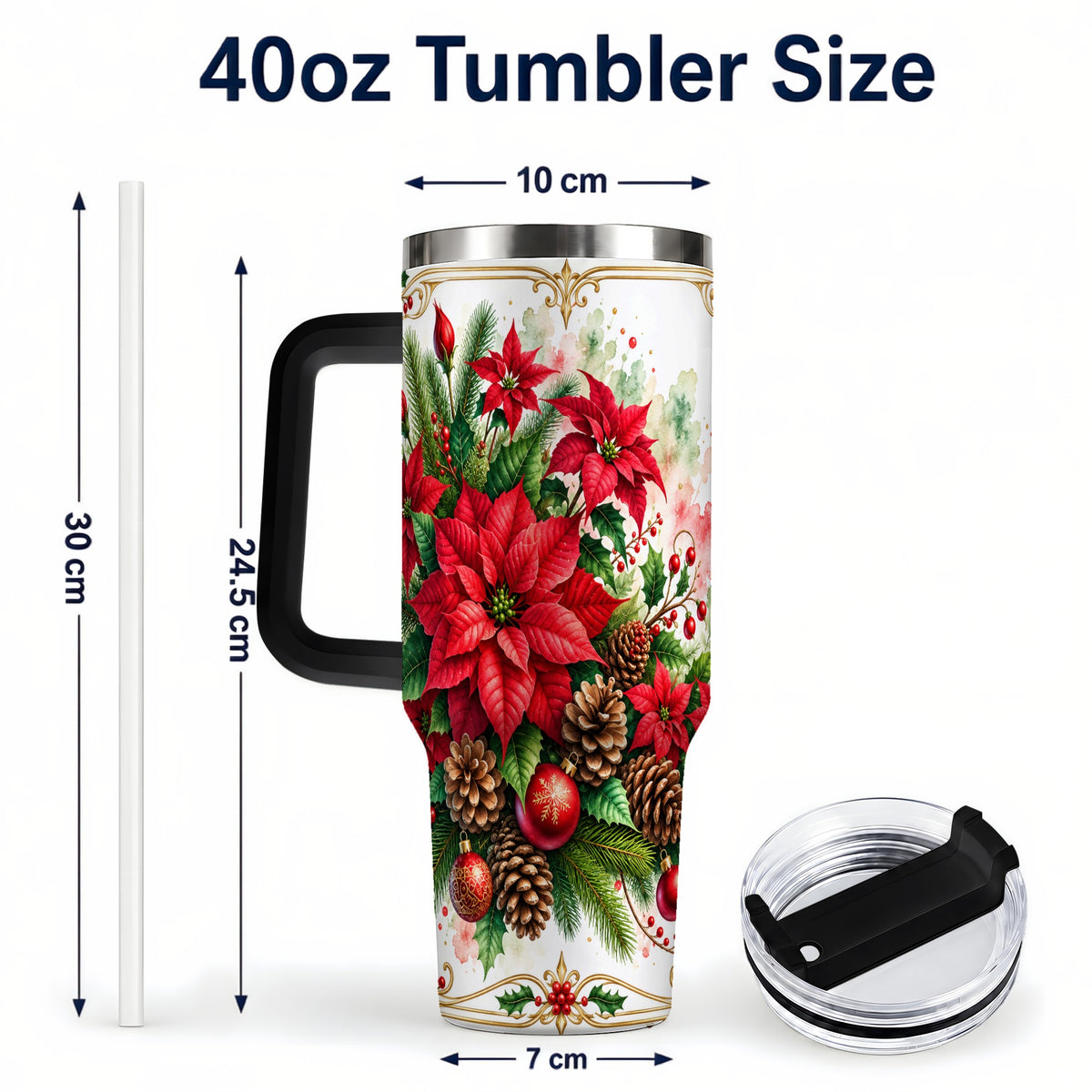 #pl[40oz|Black] Christmas Poinsettia 40oz Tumbler with Handle, Botanical Watercolor