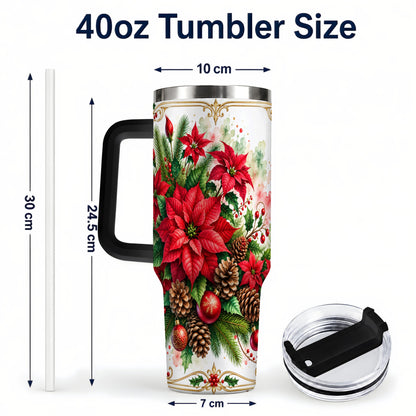 #pl[40oz|Black] Christmas Poinsettia 40oz Tumbler with Handle, Botanical Watercolor