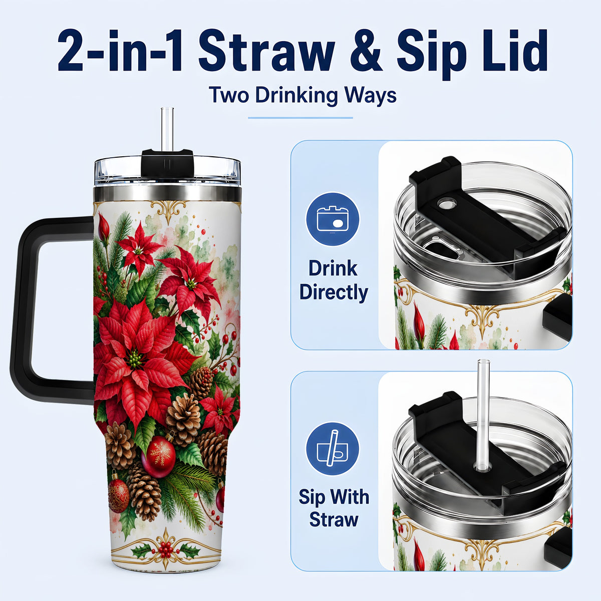 #pl[40oz|Black] Christmas Poinsettia 40oz Tumbler with Handle, Botanical Watercolor