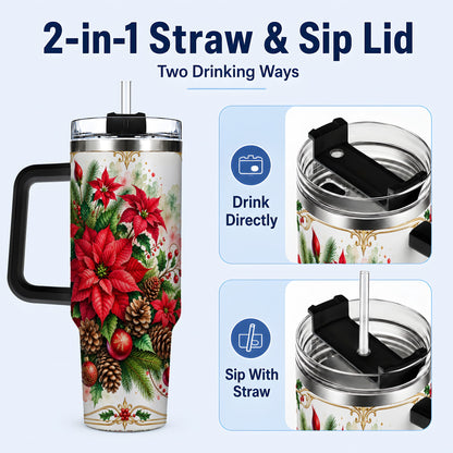 #pl[40oz|Black] Christmas Poinsettia 40oz Tumbler with Handle, Botanical Watercolor
