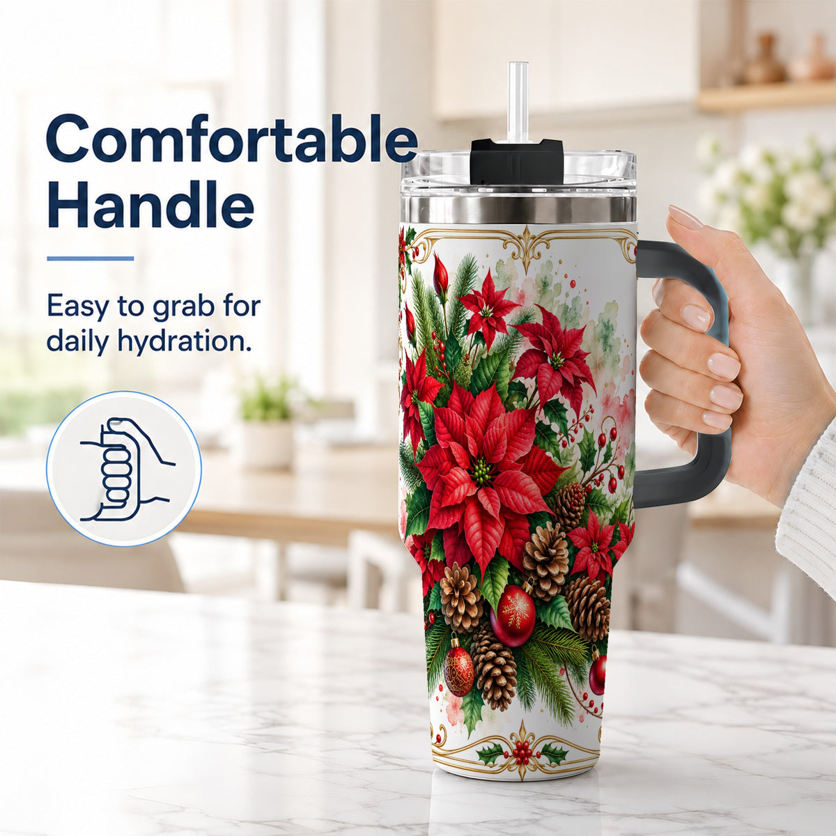 #pl[40oz|Black] Christmas Poinsettia 40oz Tumbler with Handle, Botanical Watercolor