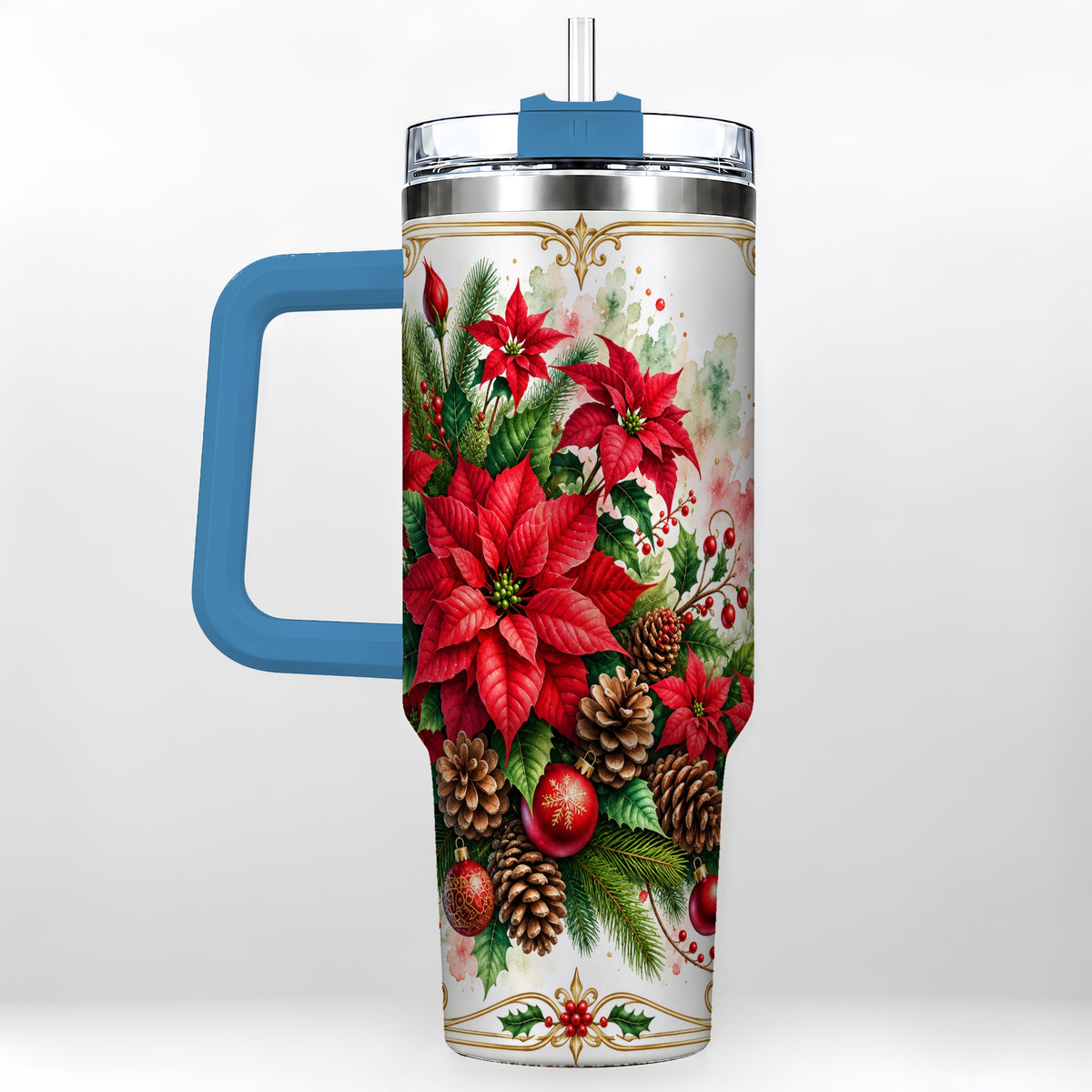#pl[40oz|Blue] Christmas Poinsettia 40oz Tumbler with Handle, Botanical Watercolor