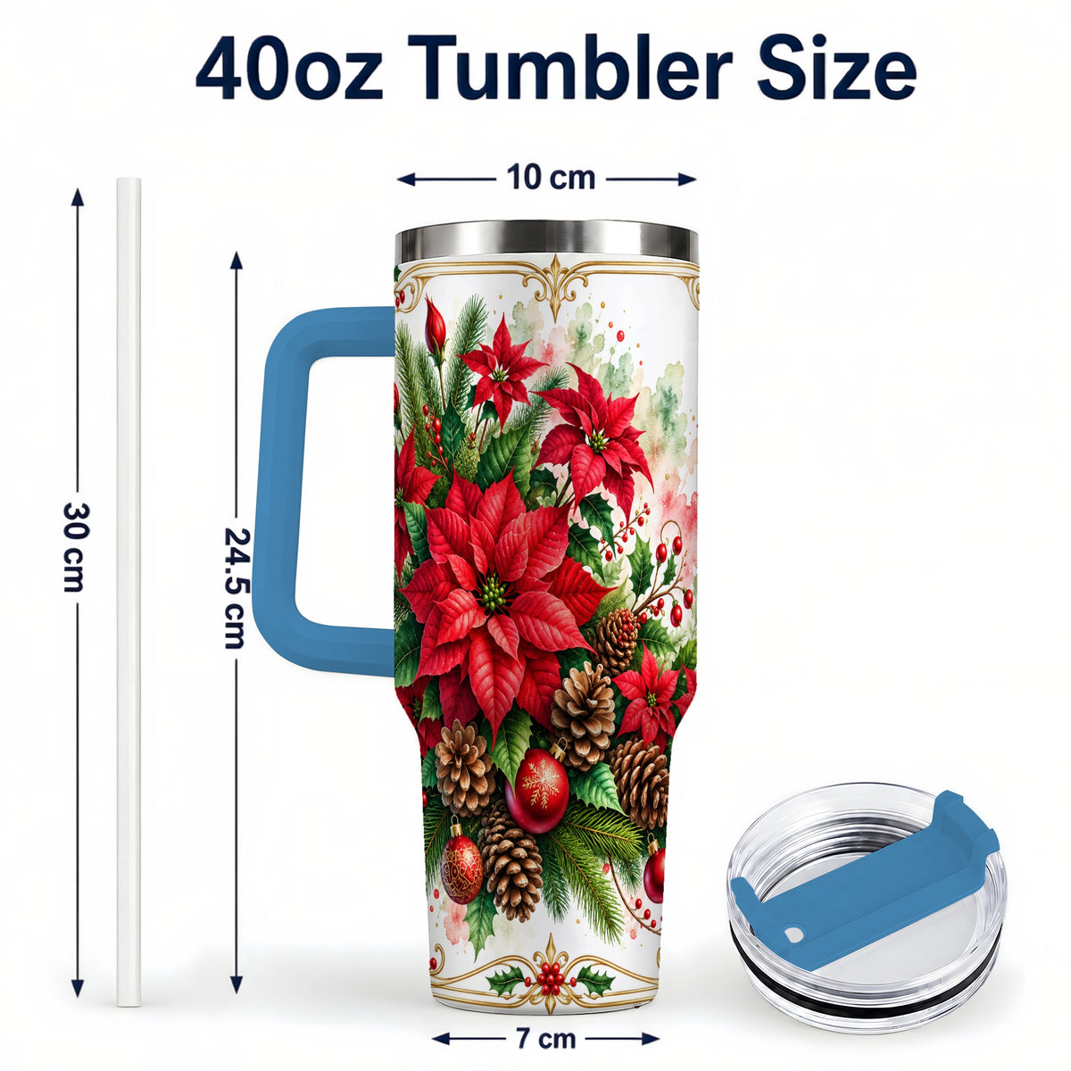#pl[40oz|Blue] Christmas Poinsettia 40oz Tumbler with Handle, Botanical Watercolor