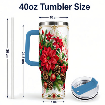 #pl[40oz|Blue] Christmas Poinsettia 40oz Tumbler with Handle, Botanical Watercolor