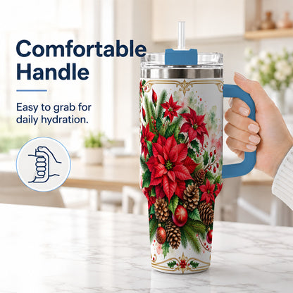 #pl[40oz|Blue] Christmas Poinsettia 40oz Tumbler with Handle, Botanical Watercolor