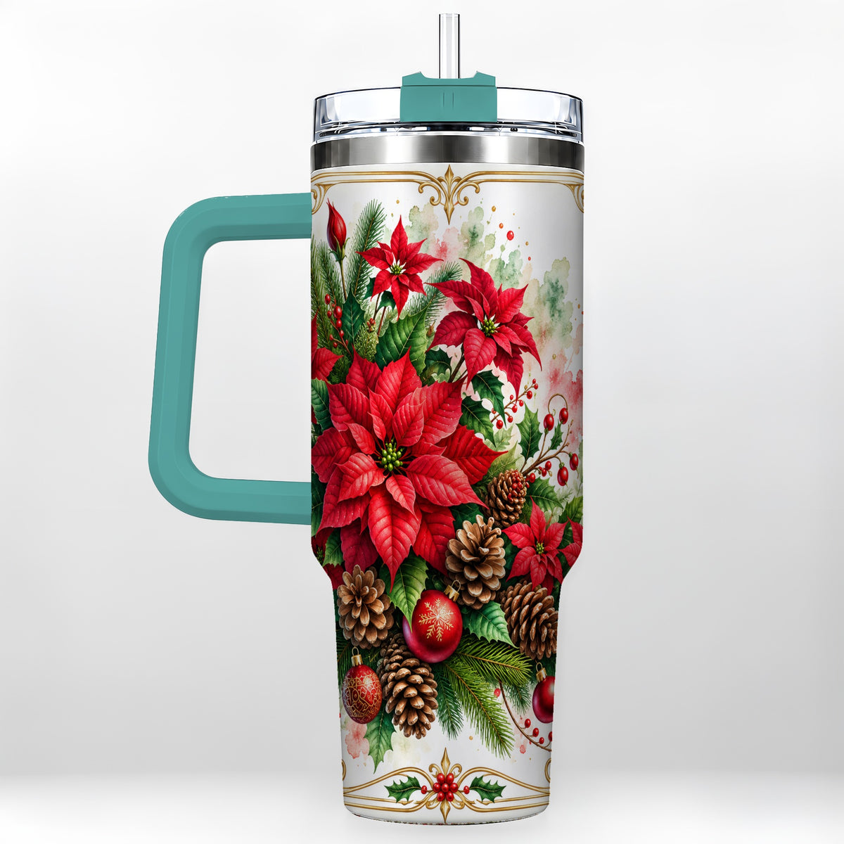 #pl[40oz|Green] Christmas Poinsettia 40oz Tumbler with Handle, Botanical Watercolor