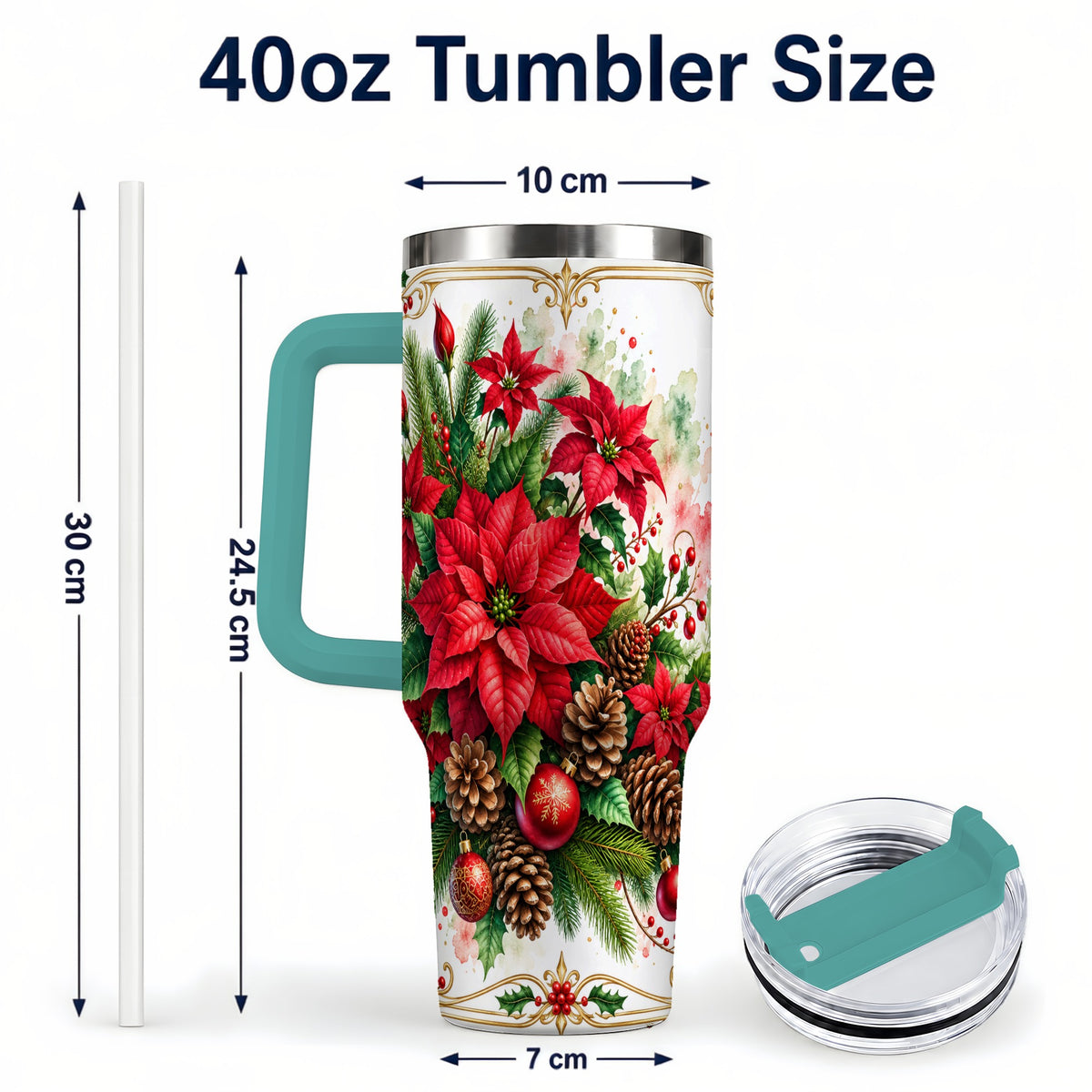 #pl[40oz|Green] Christmas Poinsettia 40oz Tumbler with Handle, Botanical Watercolor
