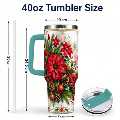 #pl[40oz|Green] Christmas Poinsettia 40oz Tumbler with Handle, Botanical Watercolor