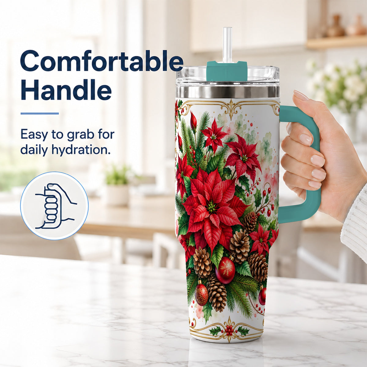 #pl[40oz|Green] Christmas Poinsettia 40oz Tumbler with Handle, Botanical Watercolor