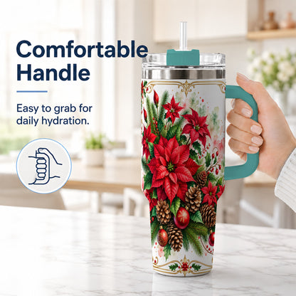 #pl[40oz|Green] Christmas Poinsettia 40oz Tumbler with Handle, Botanical Watercolor