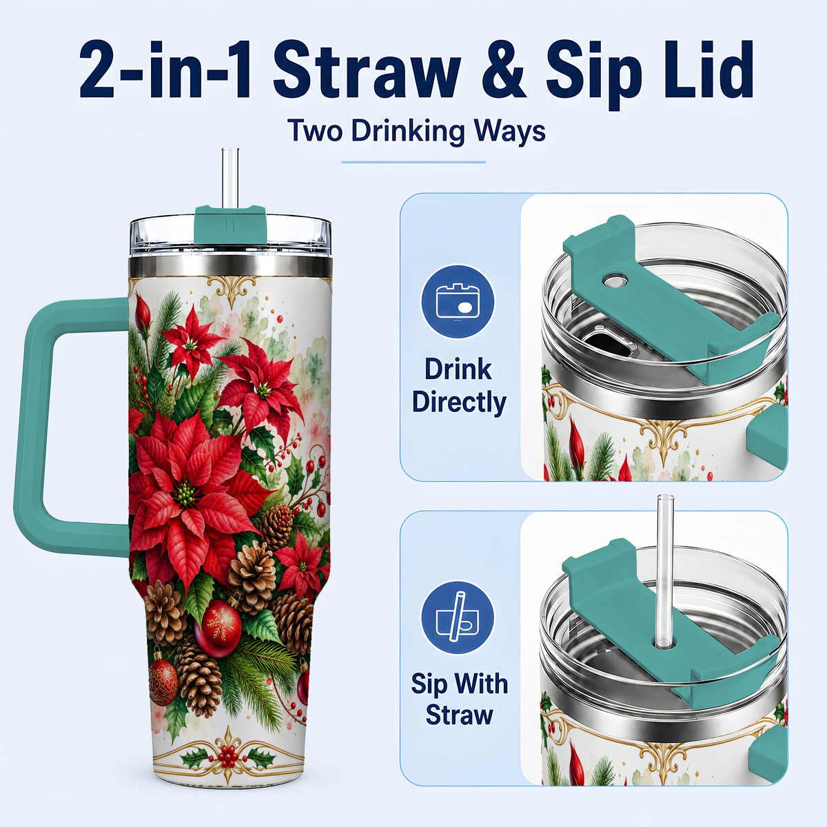 #pl[40oz|Green] Christmas Poinsettia 40oz Tumbler with Handle, Botanical Watercolor