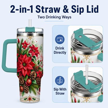 #pl[40oz|Green] Christmas Poinsettia 40oz Tumbler with Handle, Botanical Watercolor