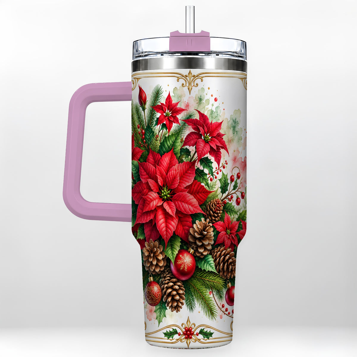 #pl[40oz|Pink] Christmas Poinsettia 40oz Tumbler with Handle, Botanical Watercolor