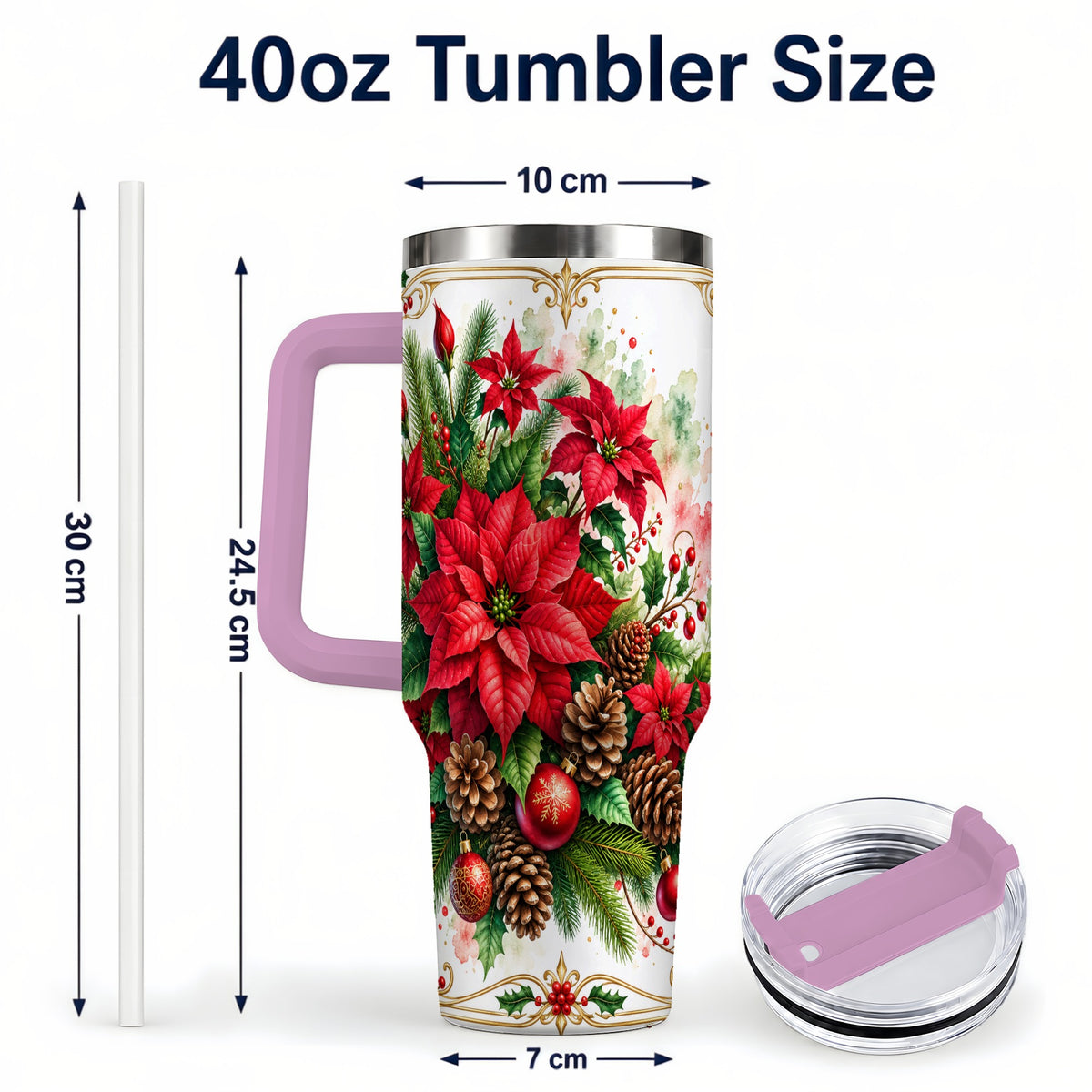 #pl[40oz|Pink] Christmas Poinsettia 40oz Tumbler with Handle, Botanical Watercolor