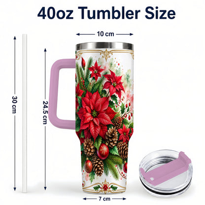 #pl[40oz|Pink] Christmas Poinsettia 40oz Tumbler with Handle, Botanical Watercolor