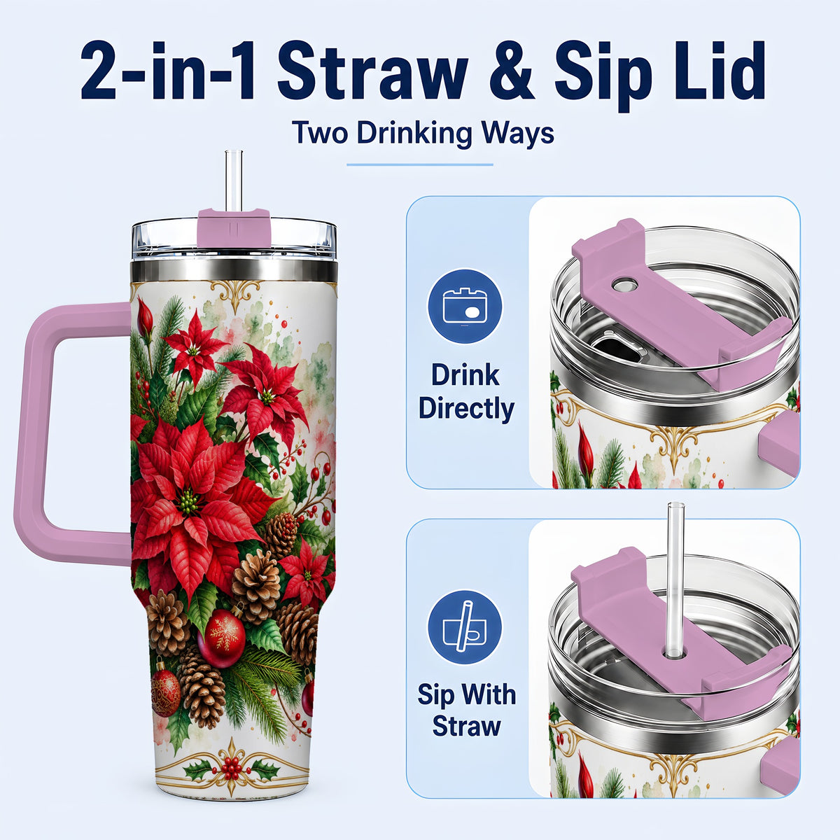#pl[40oz|Pink] Christmas Poinsettia 40oz Tumbler with Handle, Botanical Watercolor