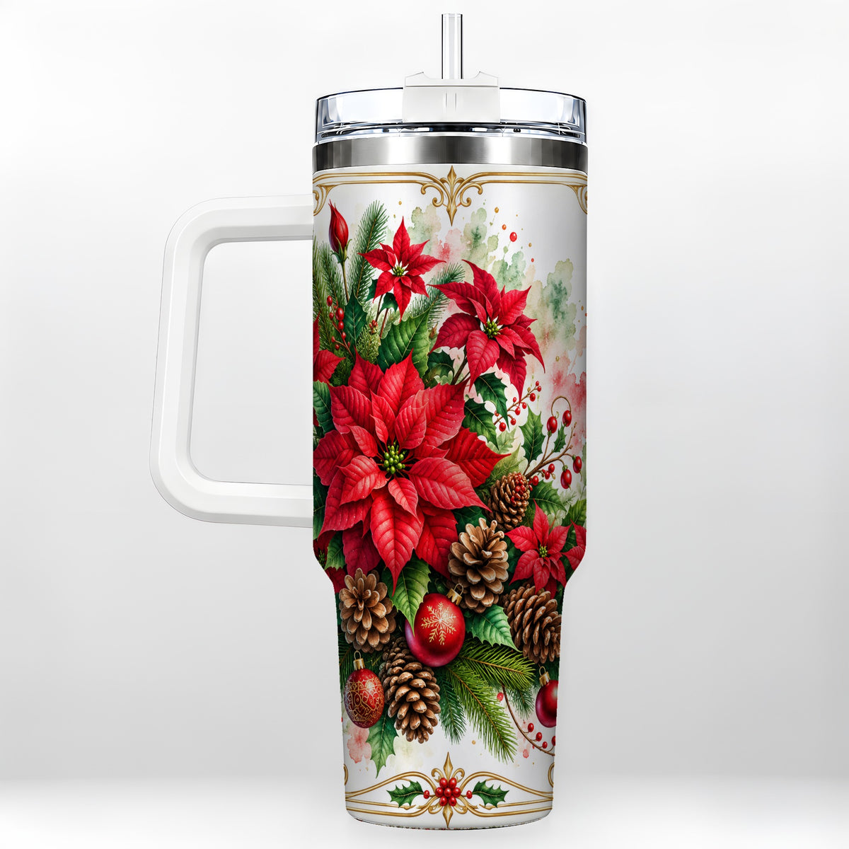 Christmas Poinsettia 40oz Tumbler with Handle, Botanical Watercolor
